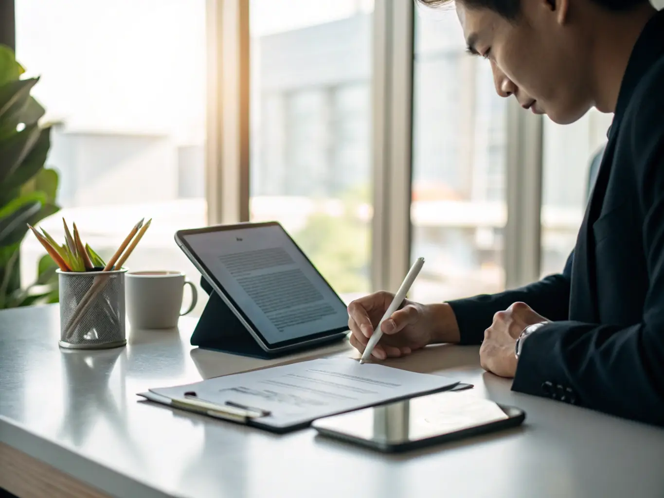A person is reviewing a detailed SagePayments personal loan agreement on a tablet, highlighting key terms and conditions for financial planning.