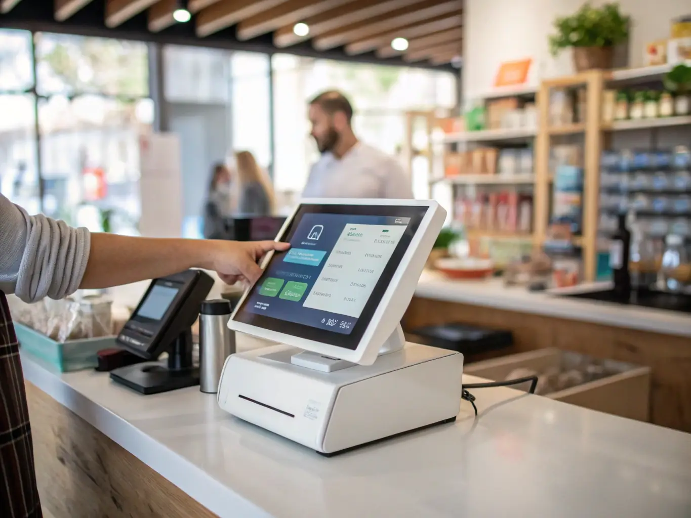 A professional businessman is confidently using a SagePayments credit card terminal in his store, processing a customer's payment with a seamless transaction.