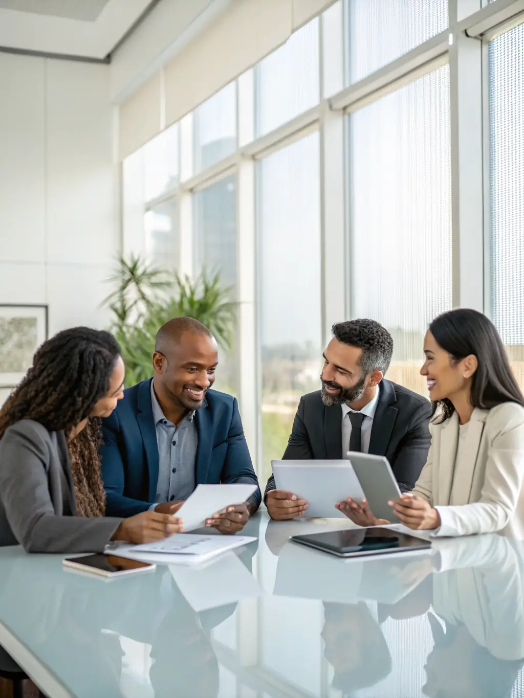 A photo of a diverse group of business professionals collaborating in a modern office, representing Paygistix's comprehensive financial services for businesses of all sizes.